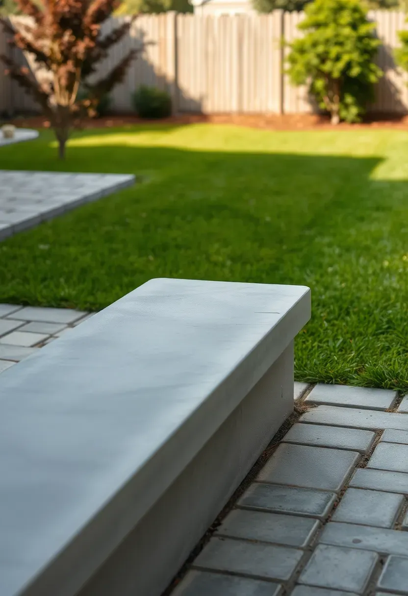 Poured concrete bench with smooth finish built into the edge of a patio overlooking a green backyard lawn