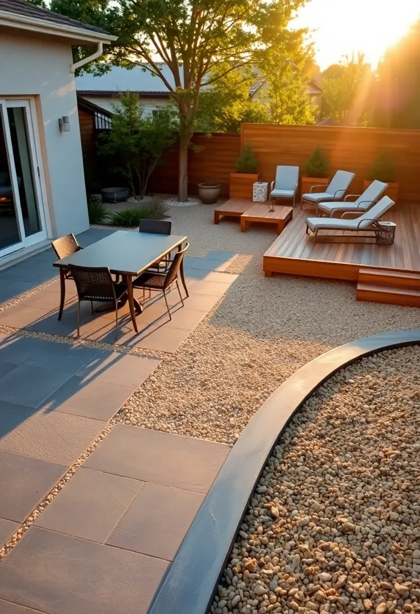 A backyard with multiple flooring zones including a stone paver dining area, gravel walkway, and wooden deck lounge section