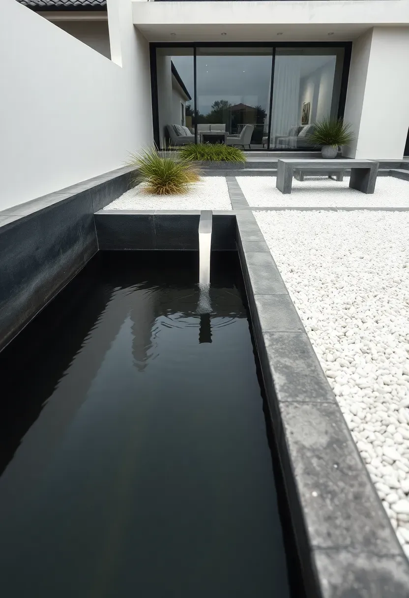 Minimalist rectangular concrete pond with smooth gray finish, single water spout, set in a modern backyard with clean landscaping