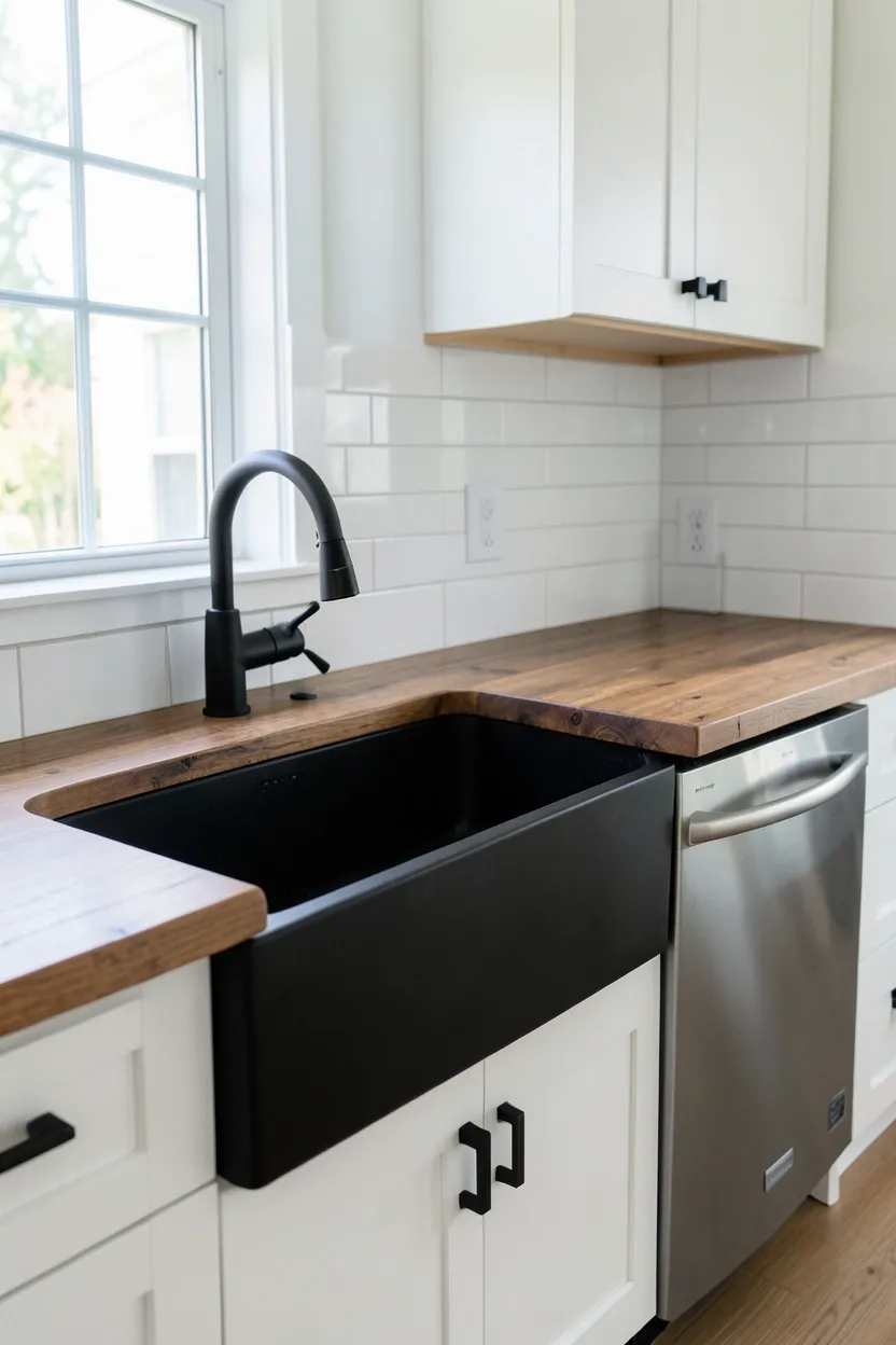 Matte black farmhouse sink set into a warm walnut wood countertop — dramatic kitchen workspace with sophisticated contrast