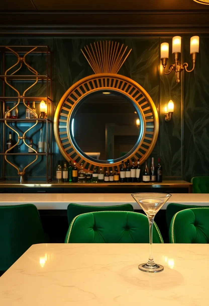 Art deco basement cocktail lounge with geometric brass shelving, mirrored bar back, emerald green velvet seating, and a marble waterfall counter
