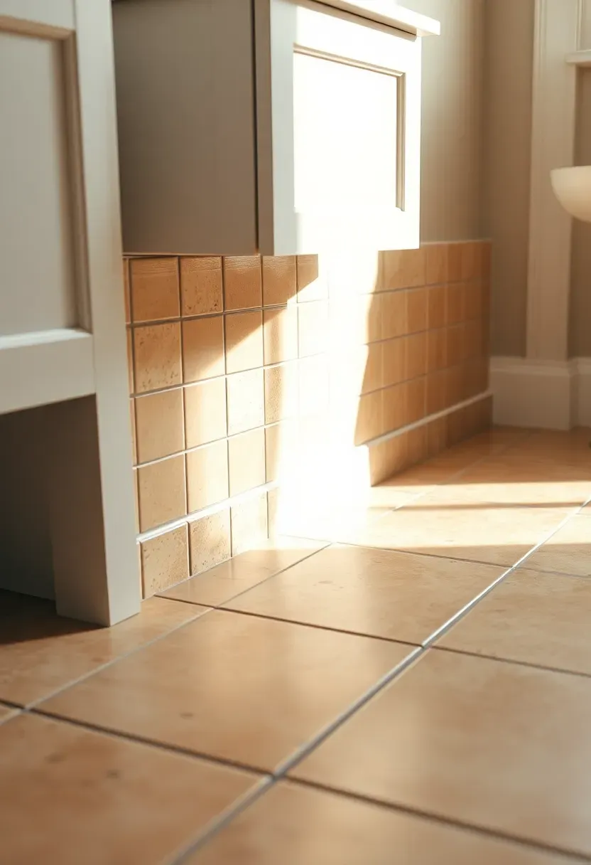 Bathroom with matching ceramic tile baseboard continuing from the floor up the wall four inches in a warm beige tone