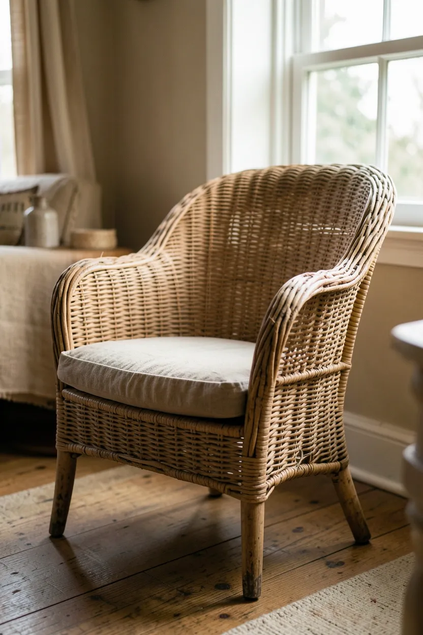 Weathered wicker armchair with natural patina and linen cushion near a window in a cozy wabi sabi living room