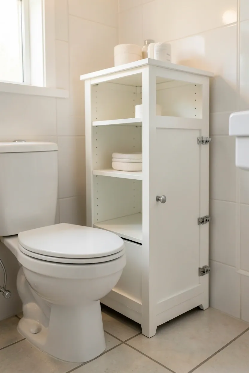 Freestanding over-the-toilet cabinet with open shelves and closed storage in a small rental bathroom