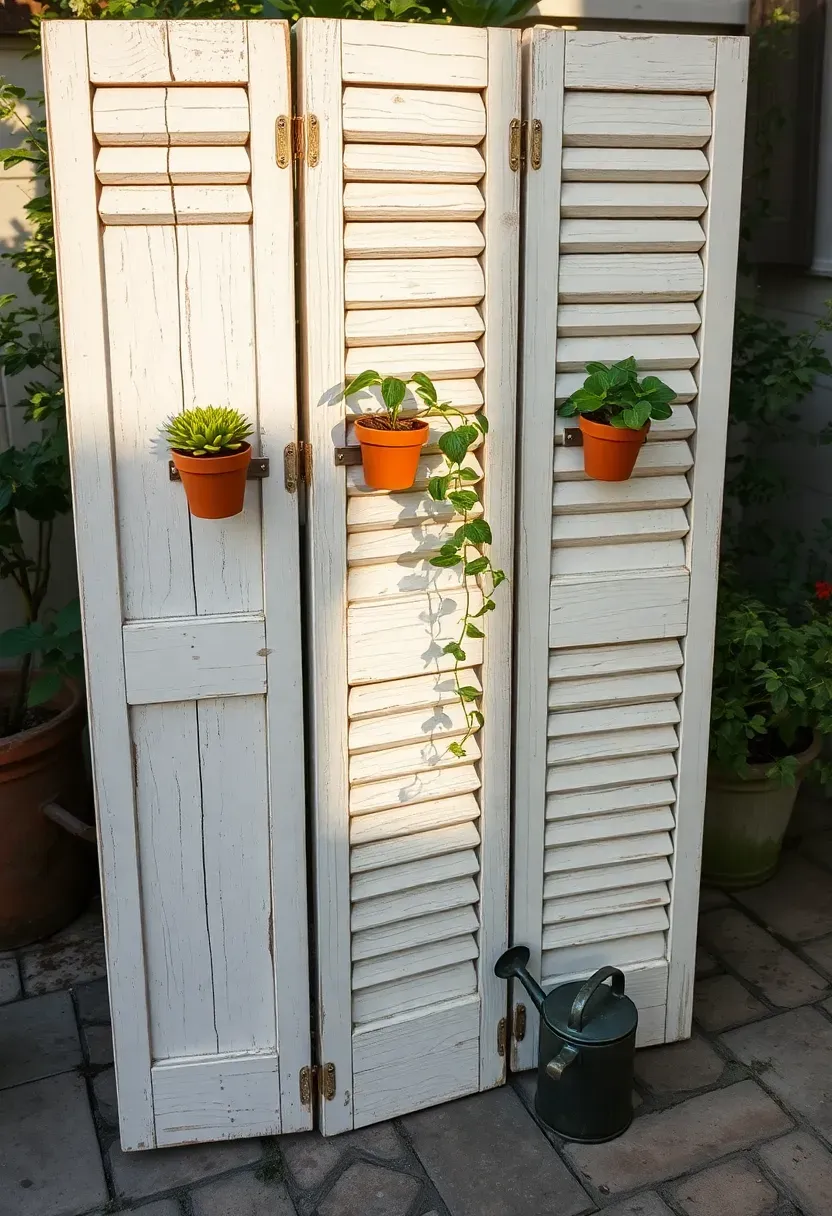 A privacy screen made from three vintage wooden shutters hinged together and standing on a patio, painted in distressed white, with small potted plants on a shelf mounted between the slats