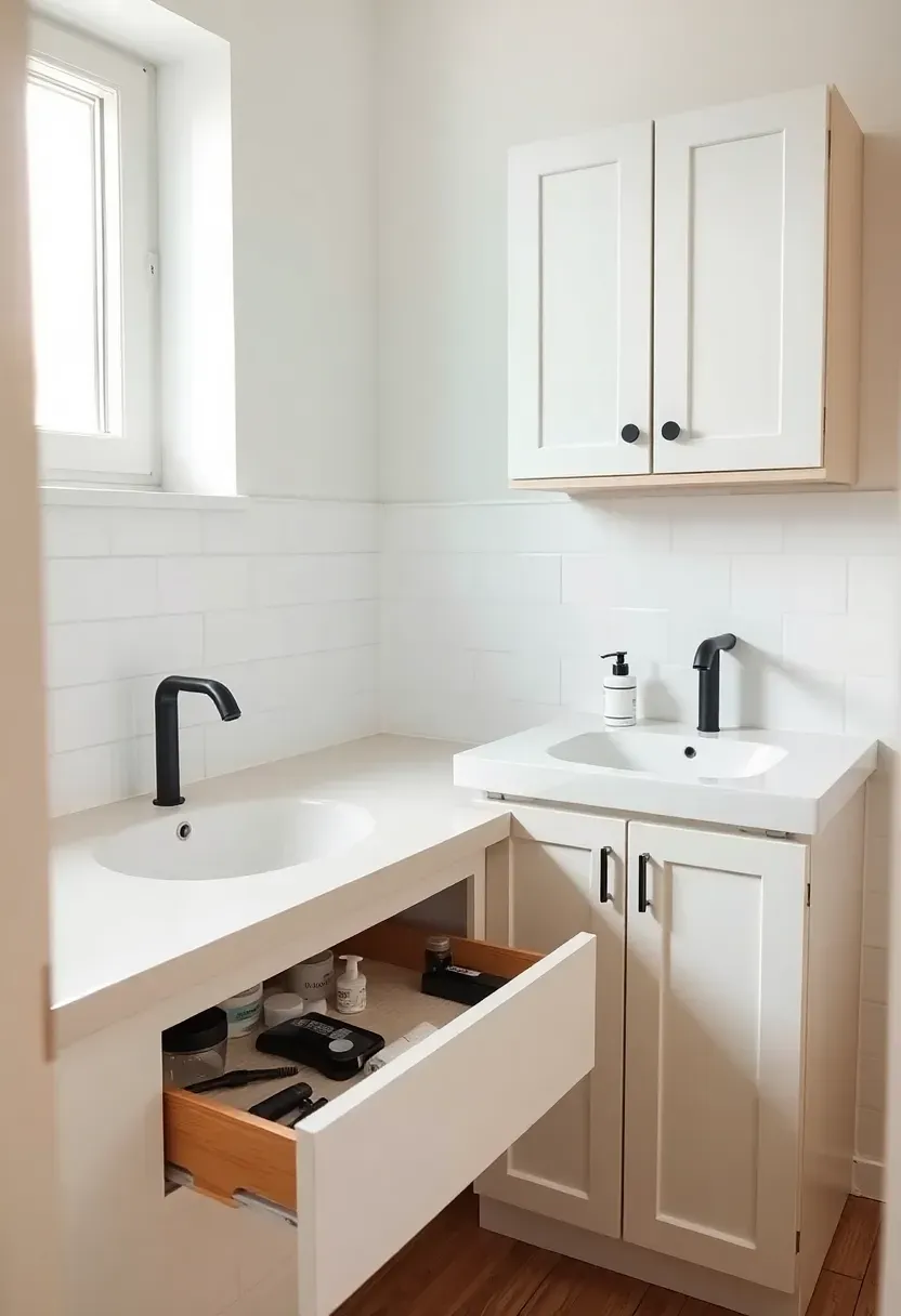Hyper-realistic 3/4 view of clean minimalist family bathroom with white vanity, drawer open showing organized toiletries, wall-mounted cabinet, simple mirror, wood floor. Materials: white porcelain, light oak vanity, matte black fixtures. Soft natural light from window, serene spa-like mood. Clutter-free countertop. Medium depth of field. No text, no logos, no watermarks.</p>
