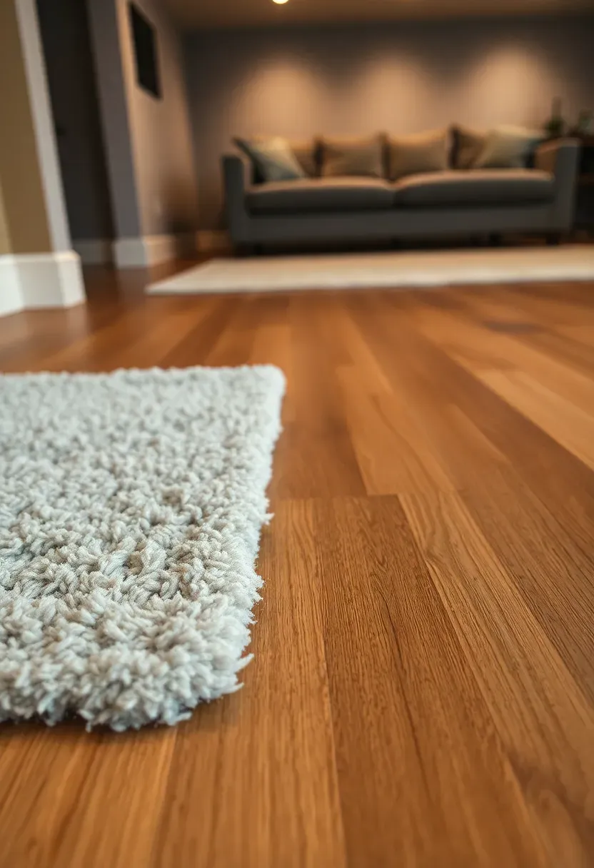 basement family room with warm oak luxury vinyl plank flooring and plush area rug