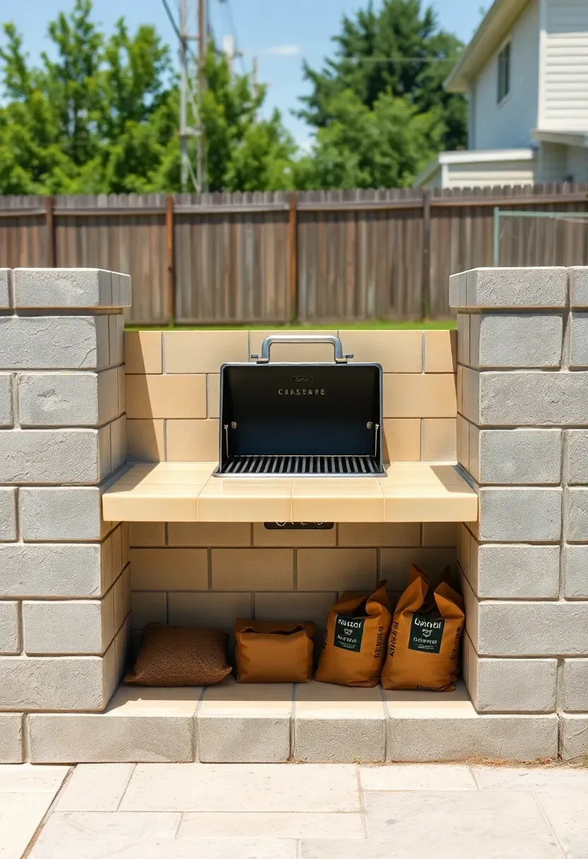 Concrete block grill surround with a charcoal grill insert, tiled countertop, and built-in storage shelf in a suburban backyard