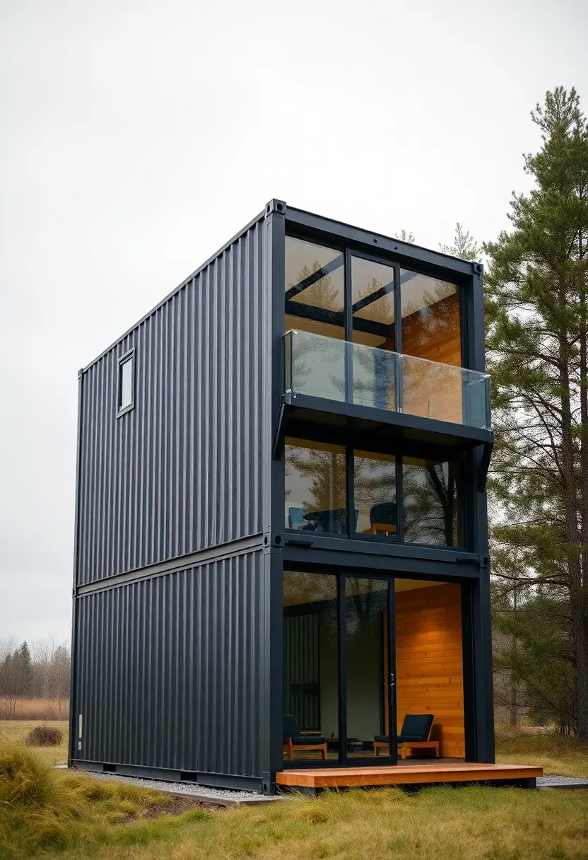 Hyper-realistic exterior view of modern container home showing two 40-foot containers stacked with offset configuration creating second-story balcony, large glass windows cut into container sides, corrugated metal exterior painted dark gray, wood accents. Set in natural landscape with trees. Overcast light for even illumination on metal surfaces. Contemporary architectural mood. Sharp details on construction and modifications. No text, no logos, no watermarks.</p>