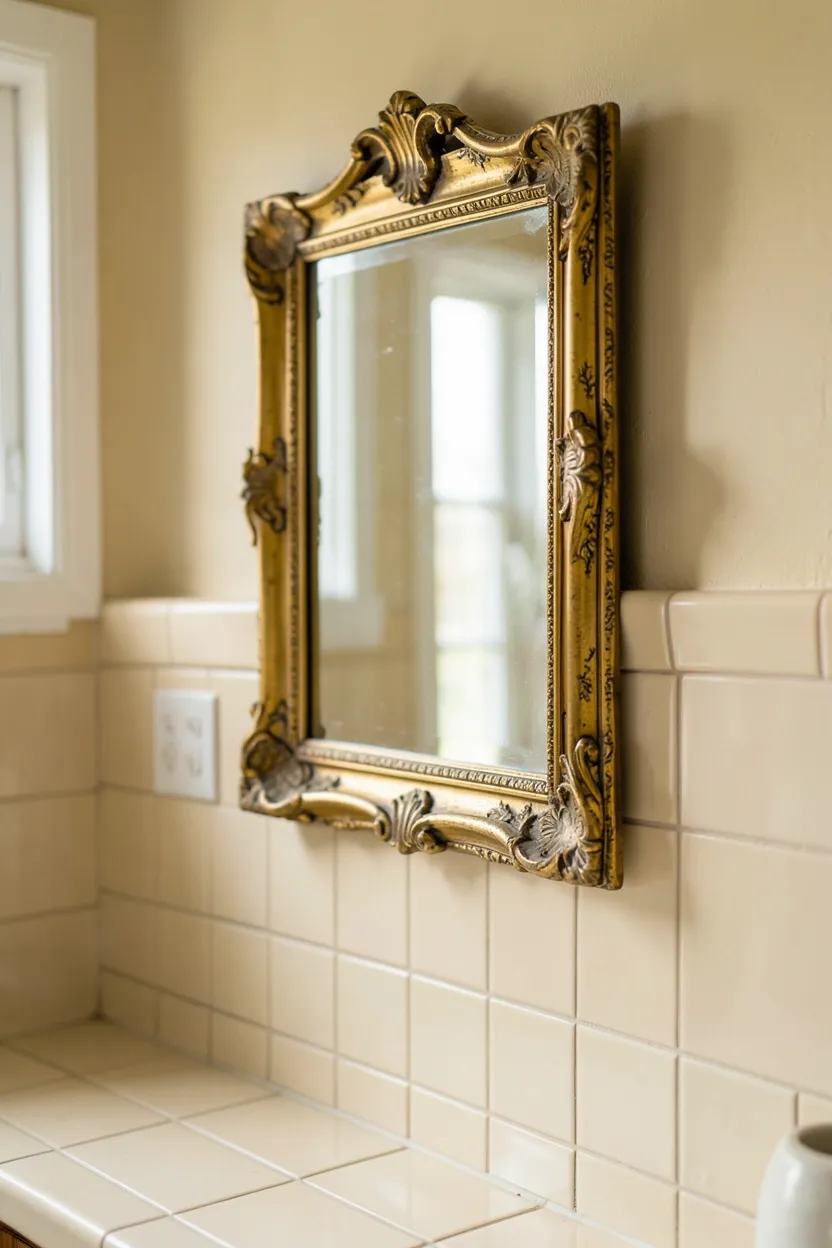 Antique mirror on backsplash wall