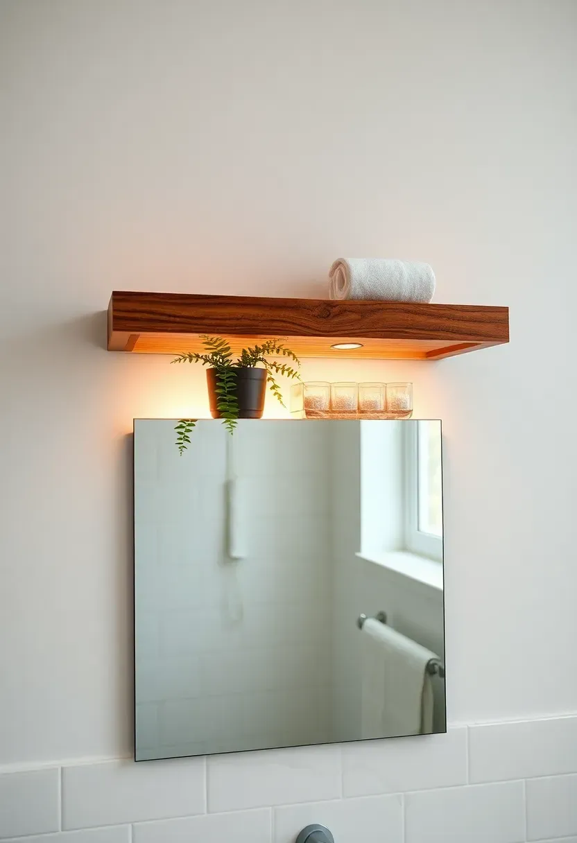 Floating wooden shelf with hidden LED strip underneath mounted above a bathroom mirror with plants and toiletries on top