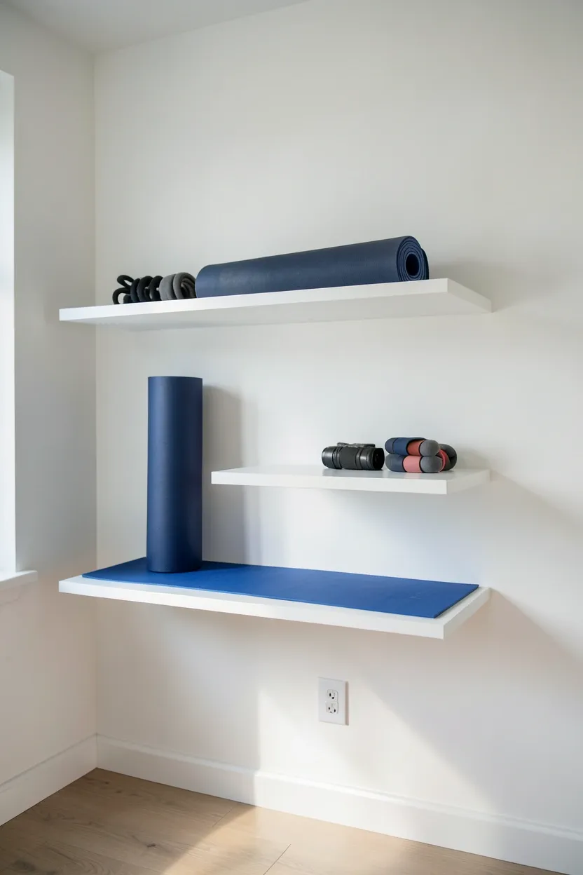 Clean white floating shelves displaying a yoga mat, resistance bands, and a single dumbbell pair with breathing room between items — minimalist gym storage in a small apartment