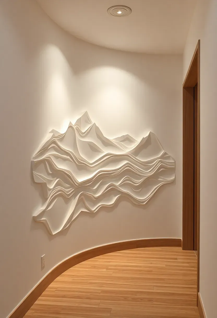 Hallway with a layered paper topography accent wall showing contour map-like ridges in white paper creating a three-dimensional landscape effect