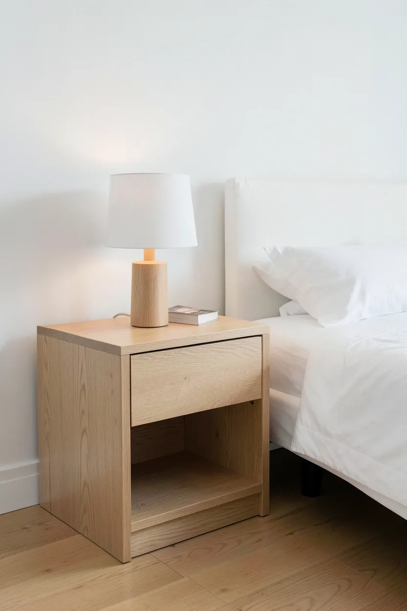 Pair of minimalist light oak nightstands with single drawer and simple wood grain finish beside a linen-covered bed in a Nordic rustic bedroom