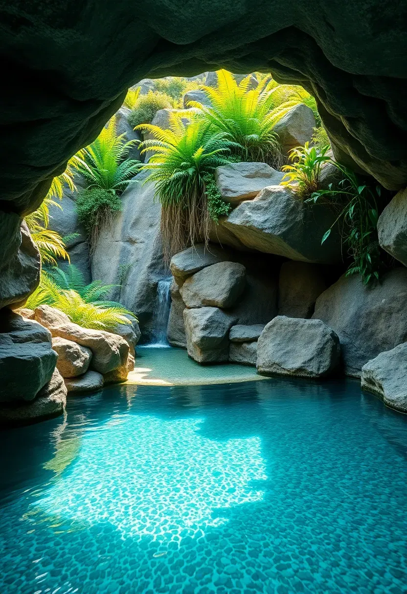 Freeform lagoon-style pool with natural rock formations, a grotto entrance, tropical ferns, and crystal blue water surrounded by lush vegetation