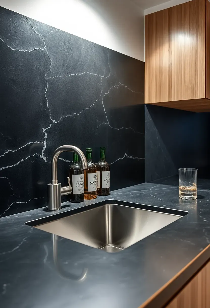 black soapstone slab backsplash behind a home bar with veining detail and stainless steel fixtures