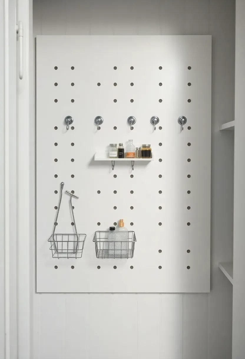 White pegboard mounted on the back wall of a bathroom closet with hooks holding baskets and small shelves for organized toiletries