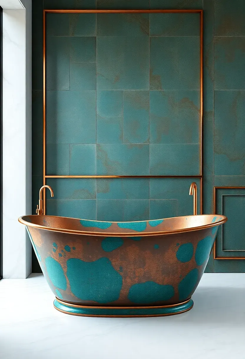 Bathroom with verdigris patina copper bathtub, green oxidized copper wall details, and white marble floor
