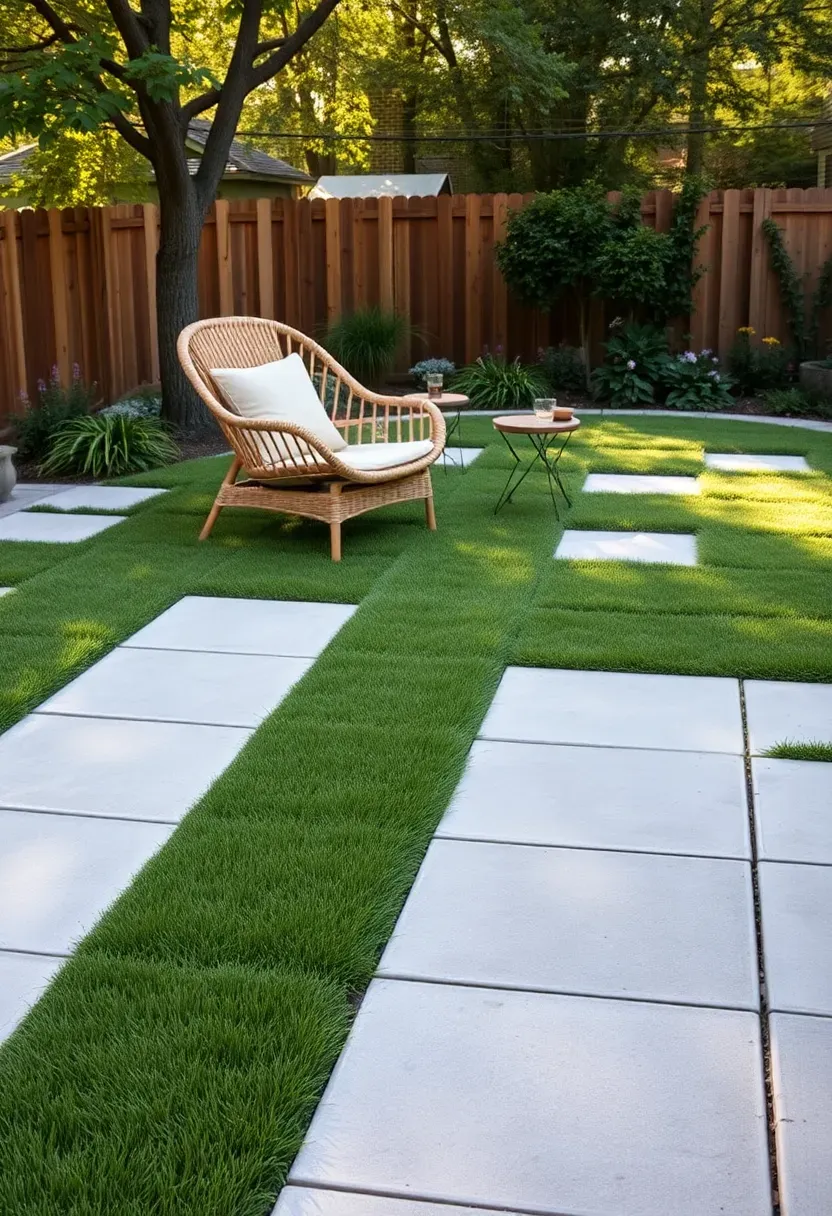 A backyard patio with large square concrete pavers alternating with squares of green turf in a checkerboard pattern with a lounge chair on one corner