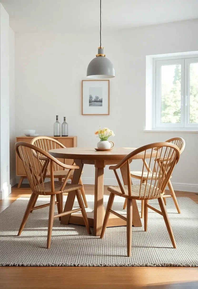 Hyper-realistic view of Scandinavian dining room with iconic furniture design. Wegner-style wishbone chairs around light oak table, pendant light above, white walls with single art piece. Materials: white oak furniture, natural cord seat weave, brass pendant fixture, wool rug. Soft daylight from window, furniture casting delicate shadows. Mid-century modern mood with neutral palette. Shallow depth of field, sharp details on chair construction and wood grain, minimalist styling, visible window with garden view.</p>