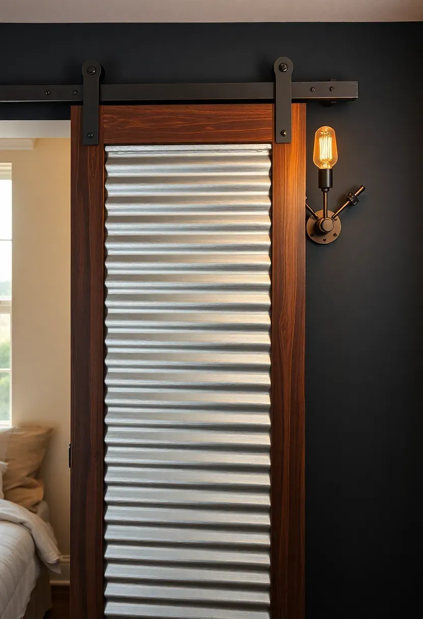 Corrugated galvanized metal accent panel set into a dark wood barn door frame on an industrial track covering a bedroom closet
