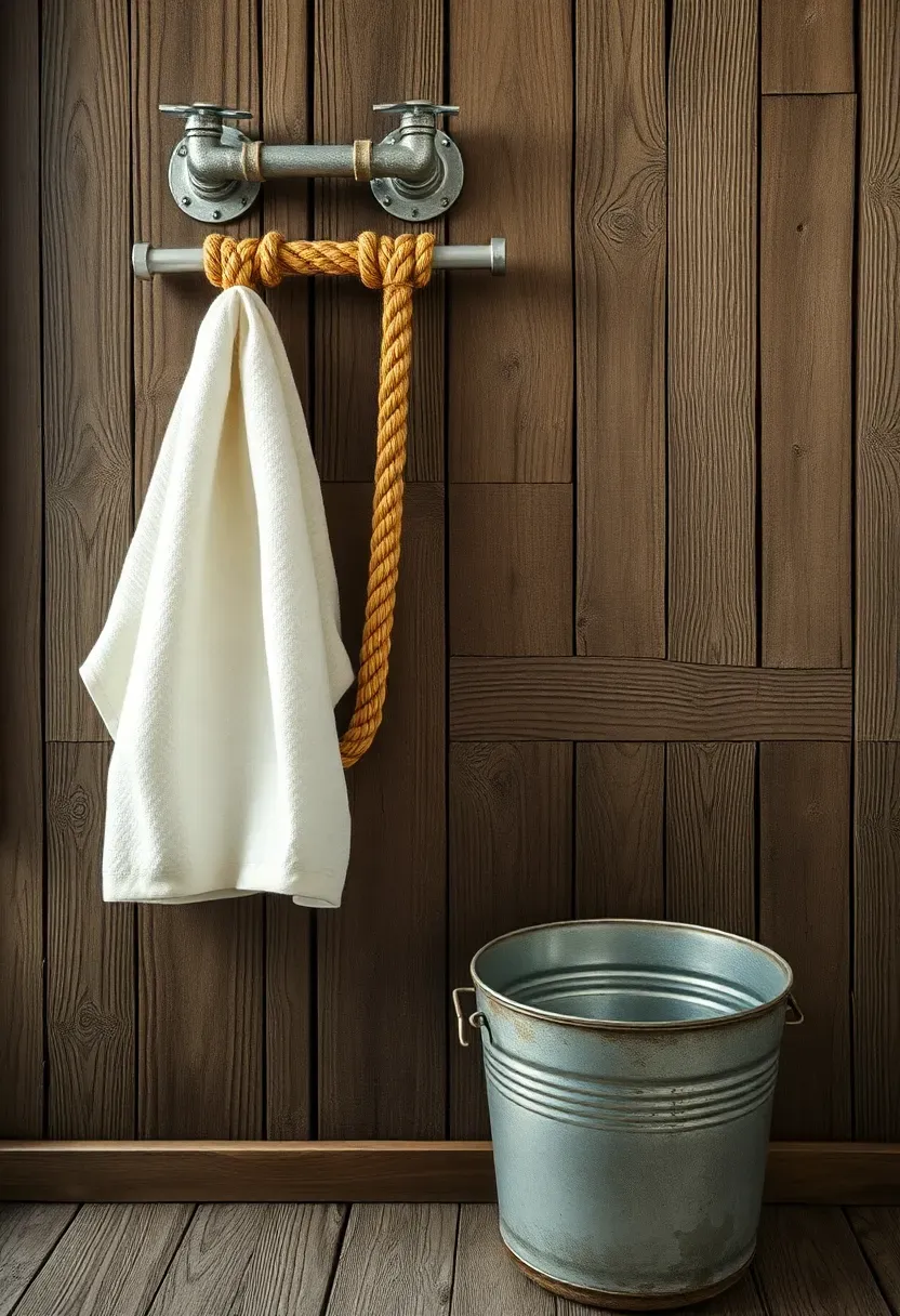Rustic coastal bathroom with thick nautical rope as towel holder mounted on a reclaimed barn wood wall with a weathered galvanized metal bucket as a wastebasket