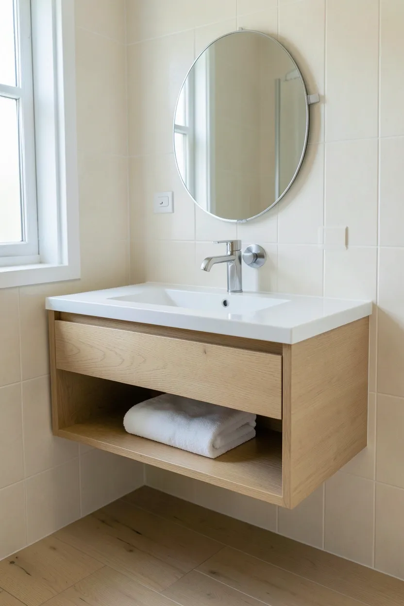 Hyper-realistic eye-level photograph of floating wood vanity in zen bathroom. Vanity is wall-mounted with no visible legs, made of light oak wood with horizontal grain pattern. Countertop in matte white ceramic. Single rectangular sink with sleek brushed nickel faucet. Small round mirror above vanity. One open shelf below vanity with neatly folded white towel. Bathroom walls in pale cream ceramic tiles. Floor in light wood planks matching vanity. Soft natural daylight from window. Materials: light oak wood, matte ceramic, brushed nickel. Clean minimalist mood. Balanced composition. No text, no logos, no watermarks.</p>