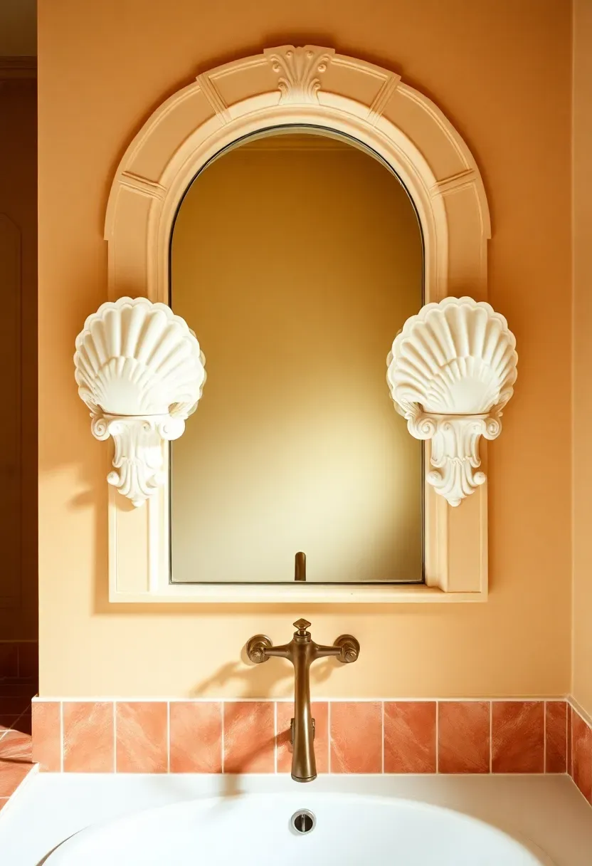 Pair of carved white plaster sconces with organic shapes flanking an arched mirror in a Mediterranean bathroom with terracotta floor
