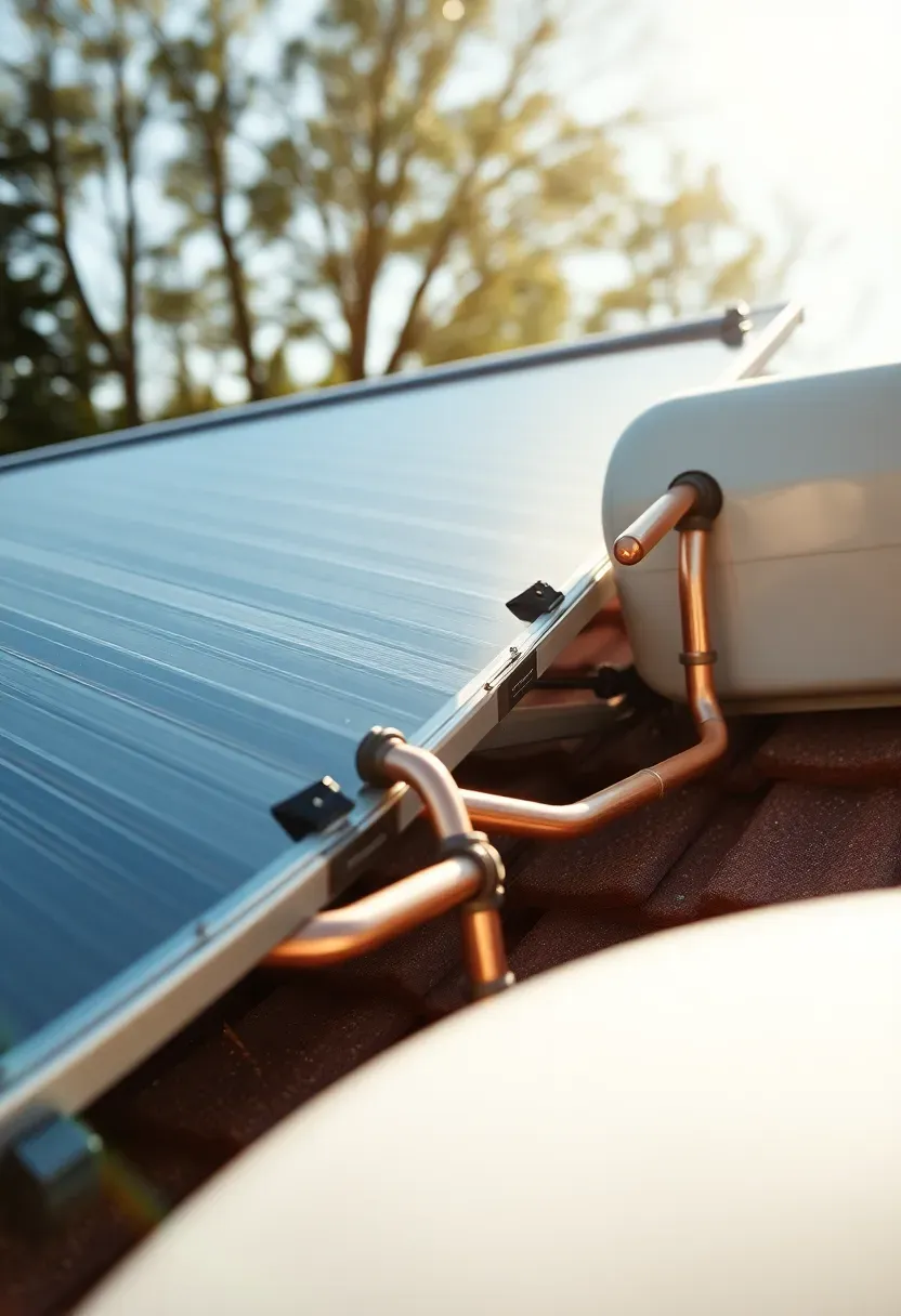 Hyper-realistic 3/4 view of a tiny house roof showing solar thermal collectors with evacuated tubes, connecting pipes running to tank. Materials: copper evacuated tube collectors, insulated copper piping, solar storage tank. Bright sunlight, renewable energy technology. Efficient water heating, sustainable design. Shallow depth of field, roof pitch visible. No text, no logos.</p>
