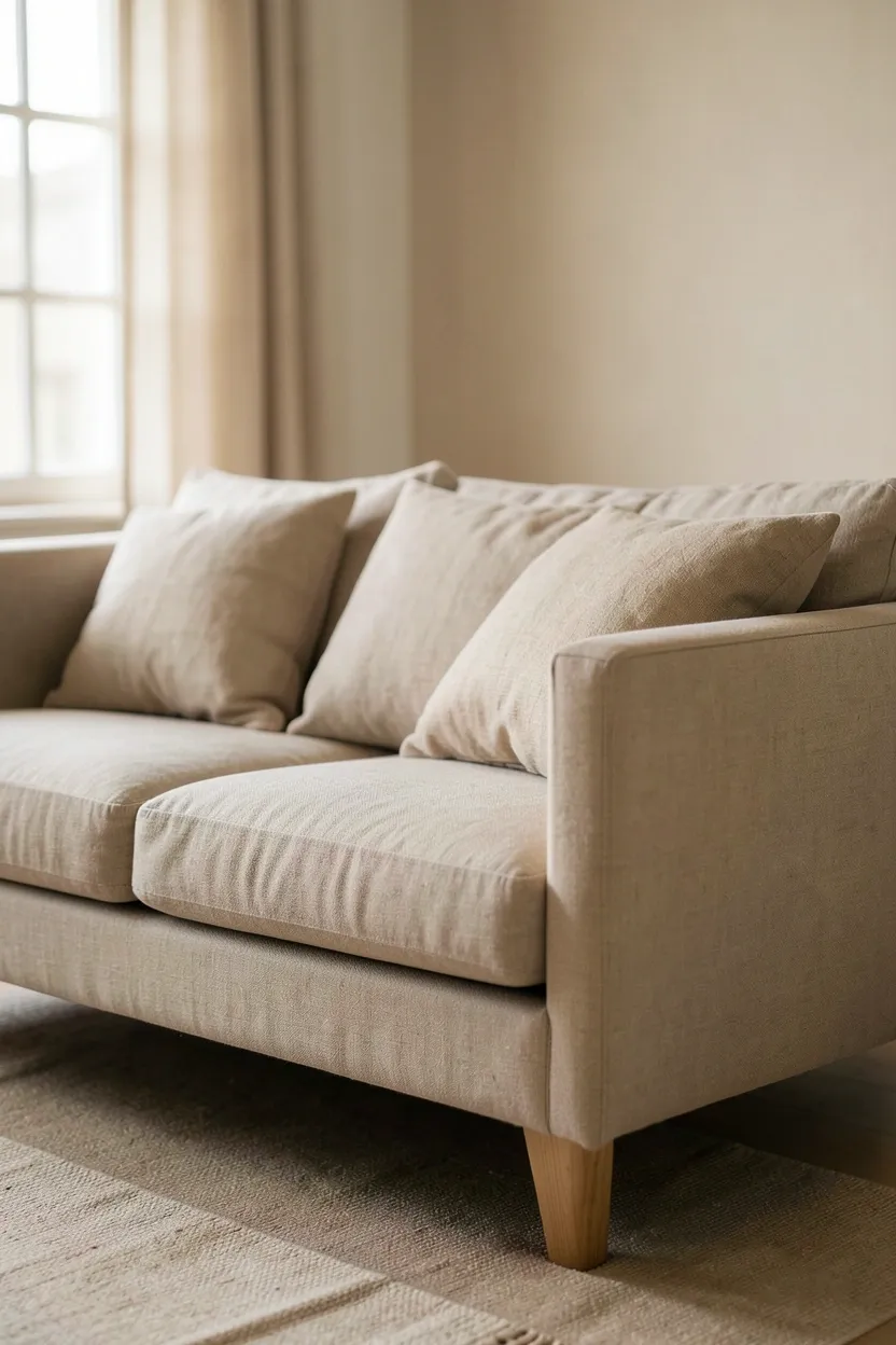 Warm beige linen sofa with exposed wood legs in a cozy renter-friendly organic modern living room