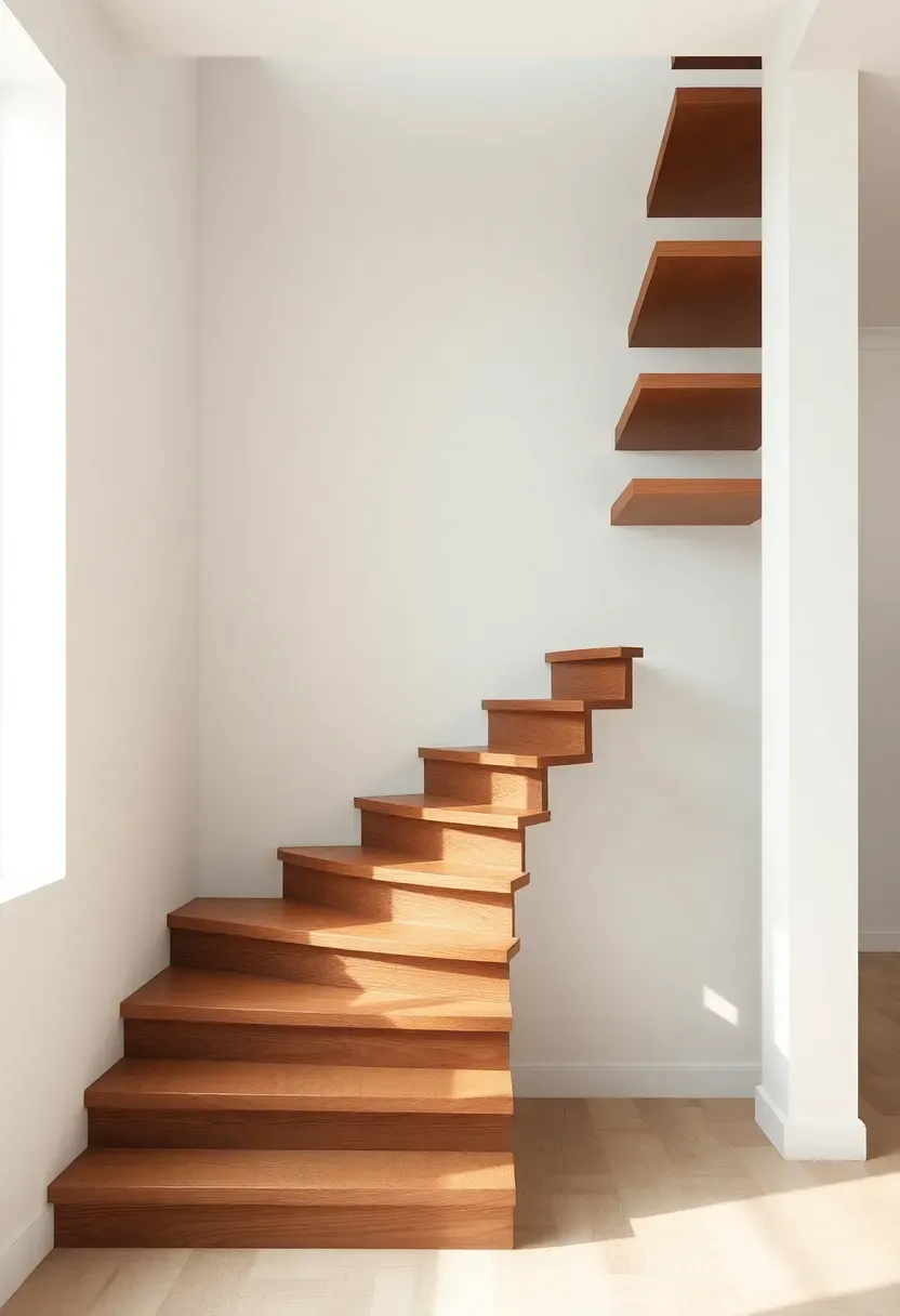 Modern floating staircase with thick walnut wood treads cantilevered from a white wall and black steel side stringer