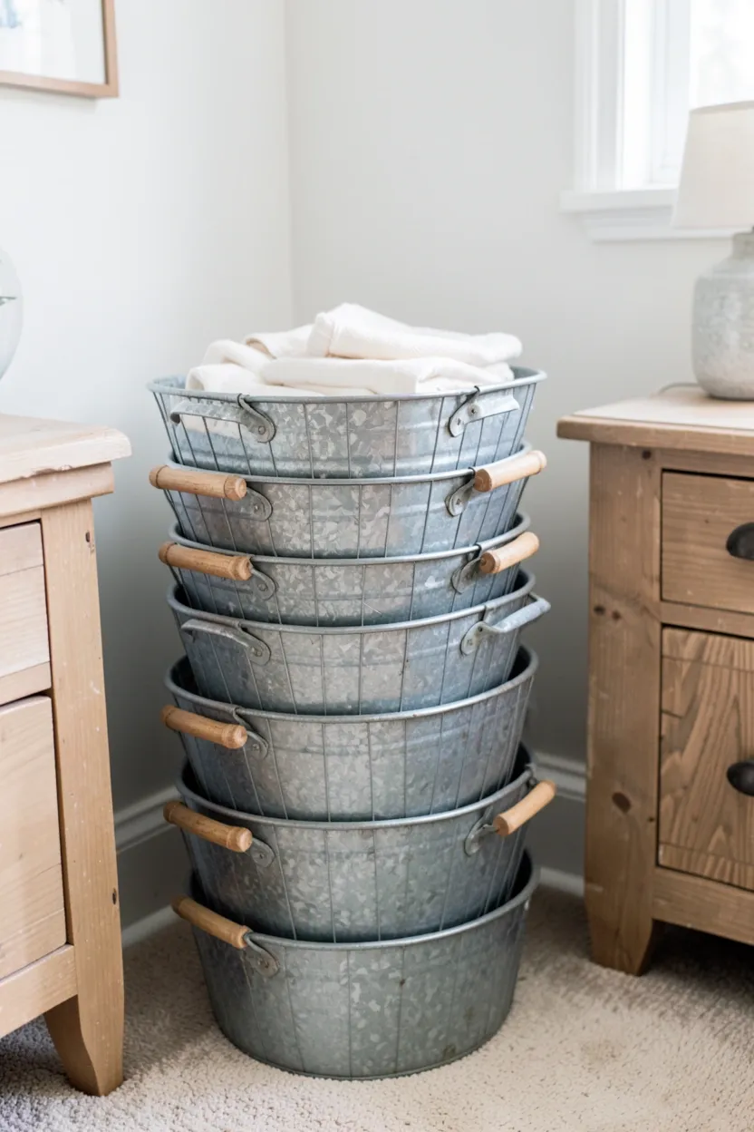Galvanized wire baskets with wooden handles stacked on a shelf for blanket storage in a rustic farmhouse bedroom