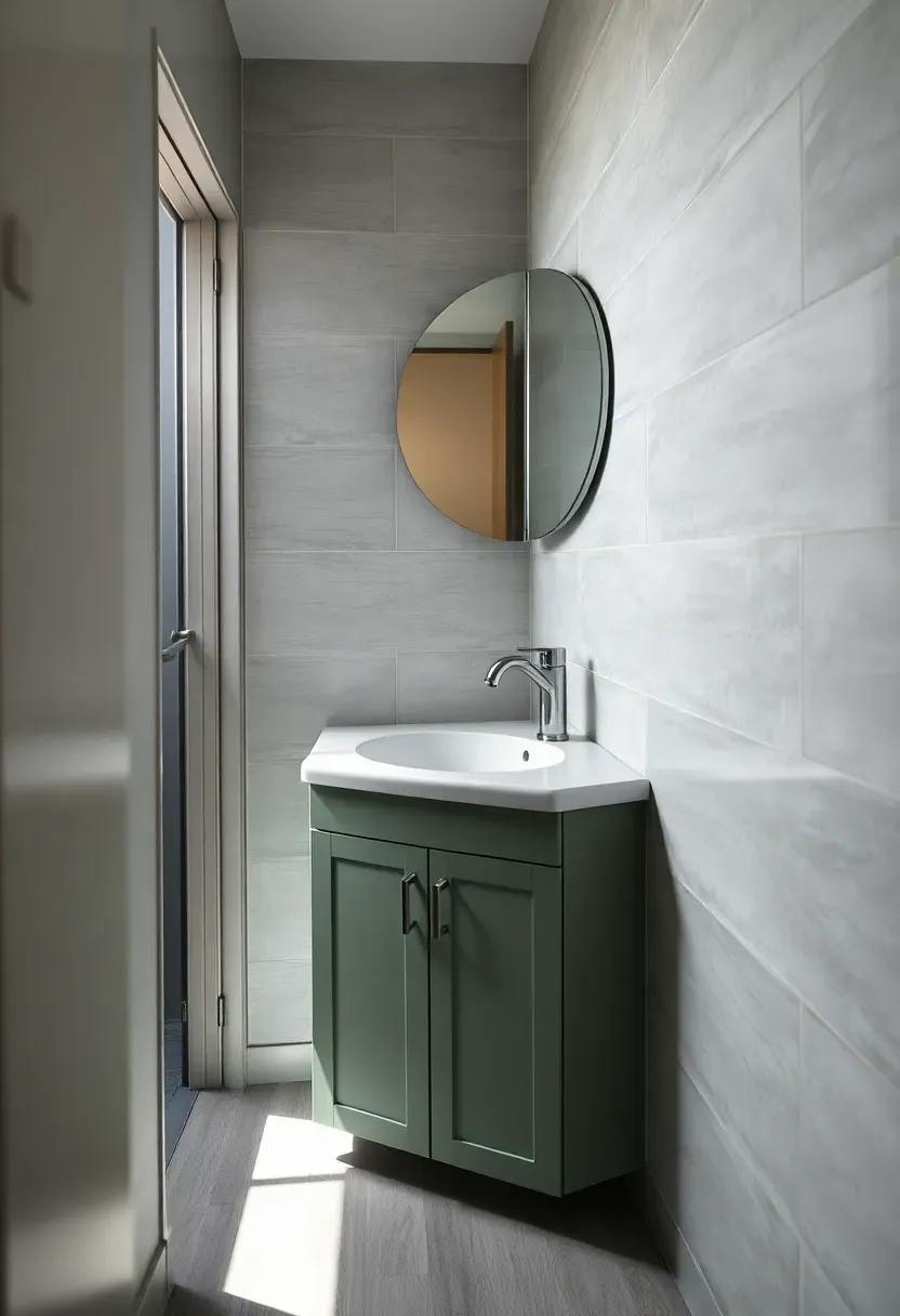 Small bathroom with pocket door entry and corner-mounted vanity saving floor space