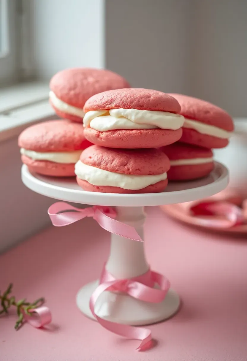 pink velvet whoopie pies with cream cheese filling stacked on a cake stand with pink ribbon decoration