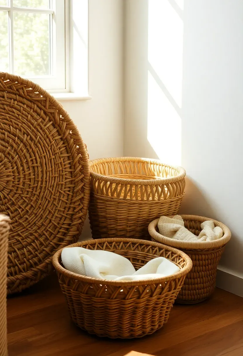 seagrass and wicker baskets used for storage and texture in a sunroom