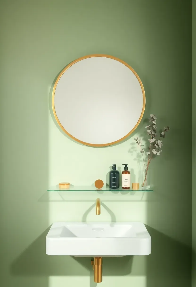 Eucalyptus green bathroom with brushed brass mirror frame, glass shelving, and dried eucalyptus branches