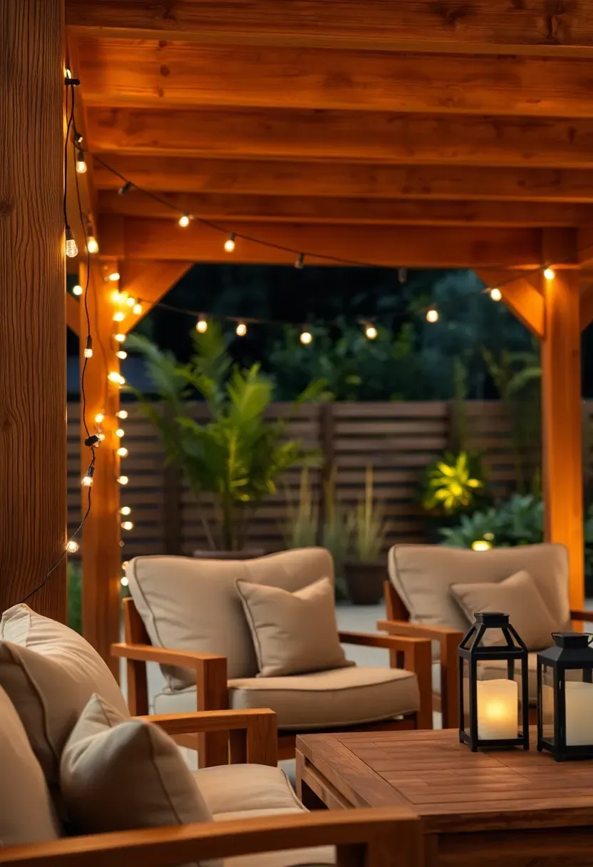 String lights wrapped around the inner perimeter of a cedar pergola over an outdoor lounge area with cushioned seating