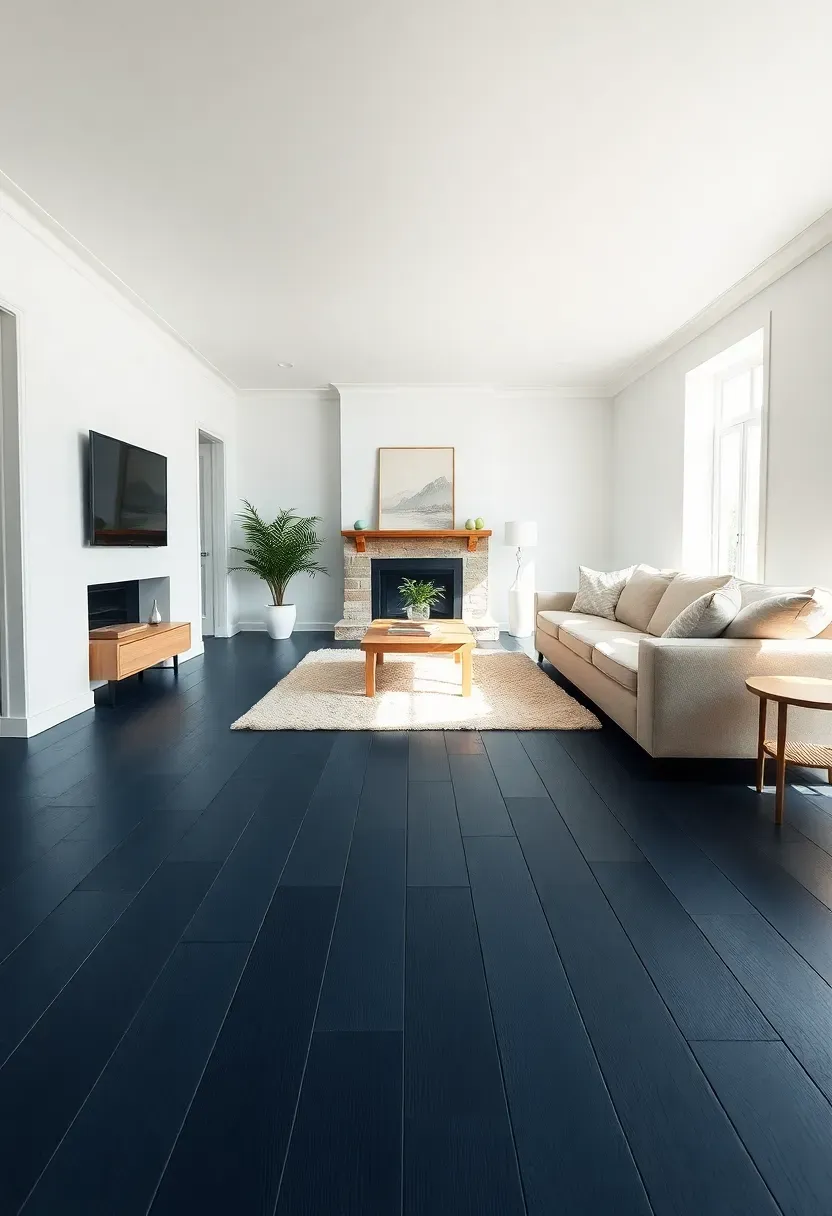 Hyper-realistic wide shot of minimalist living room with navy blue wide-plank flooring white walls white ceiling beige sofa light oak coffee table. Materials: navy blue stained wide oak plank flooring crisp white walls and ceiling beige linen sofa light oak wood table cream wool rug. Bright natural daylight reflecting off white walls and illuminating navy floor unique sophisticated atmosphere with 9-foot ceiling. Sharp details on wood grain and plank joints clean composition no clutter no text no watermarks.</p>