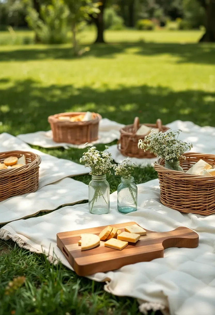 daisy chain outdoor baby shower picnic on blankets with wicker baskets and fresh flowers