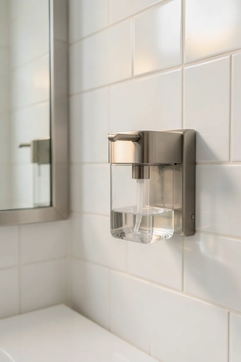 Stainless steel wall-mounted soap dispenser above a white bathroom vanity — adhesive no-drill installation