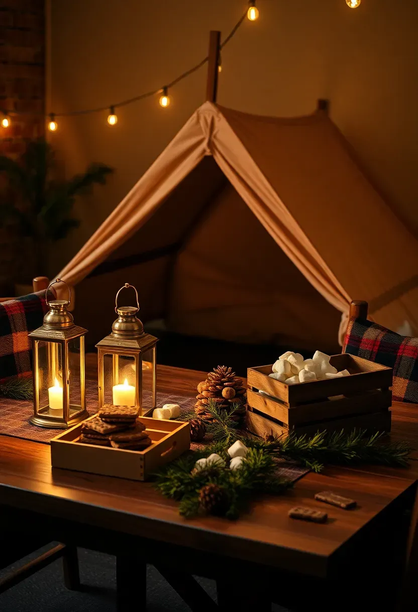 camping under the stars baby shower with canvas tent centerpiece lantern lighting plaid blankets smores station and pine branch decorations on a rustic table