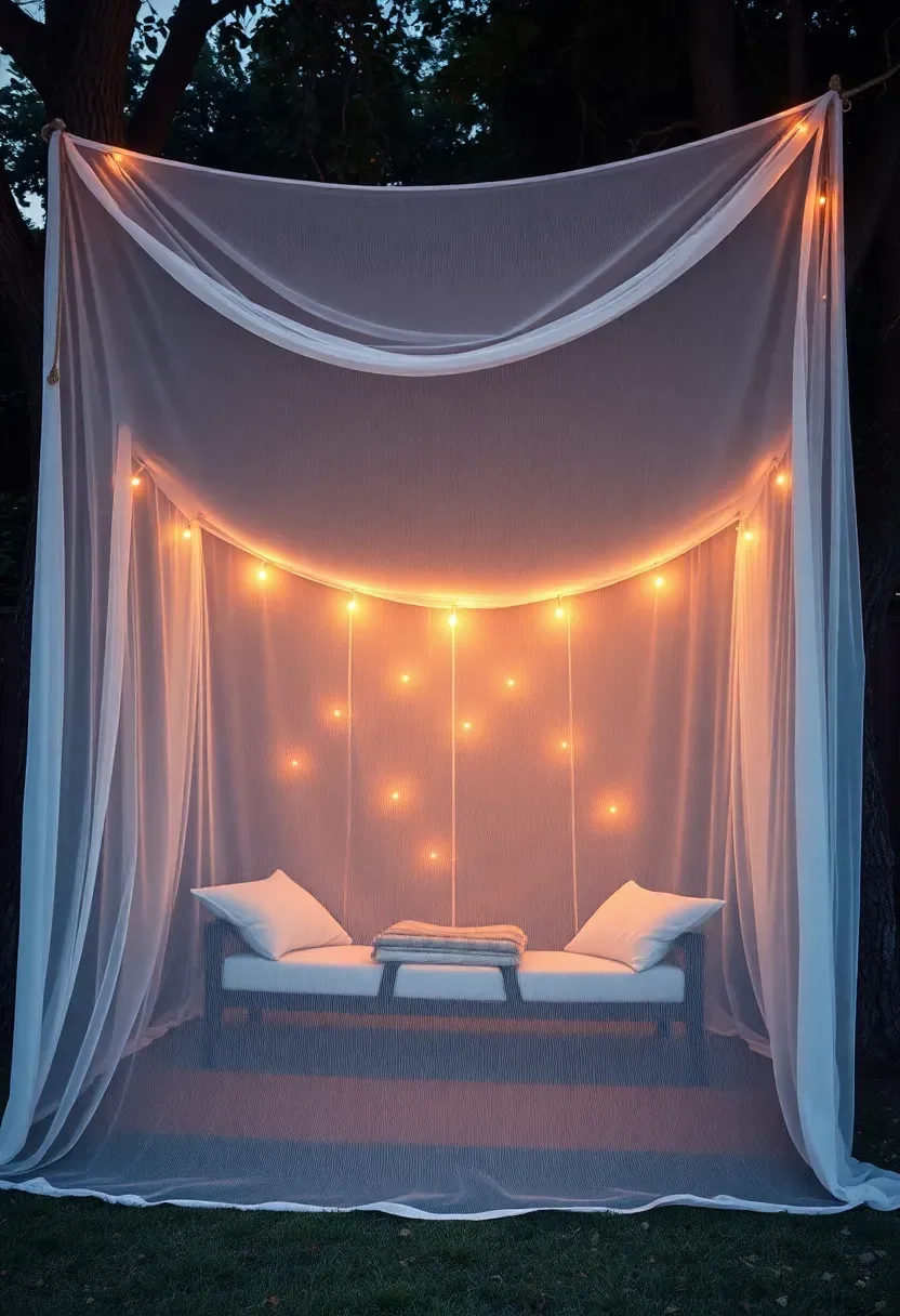 A sheer white mosquito net canopy draped over a backyard movie seating area with string lights visible through the netting
