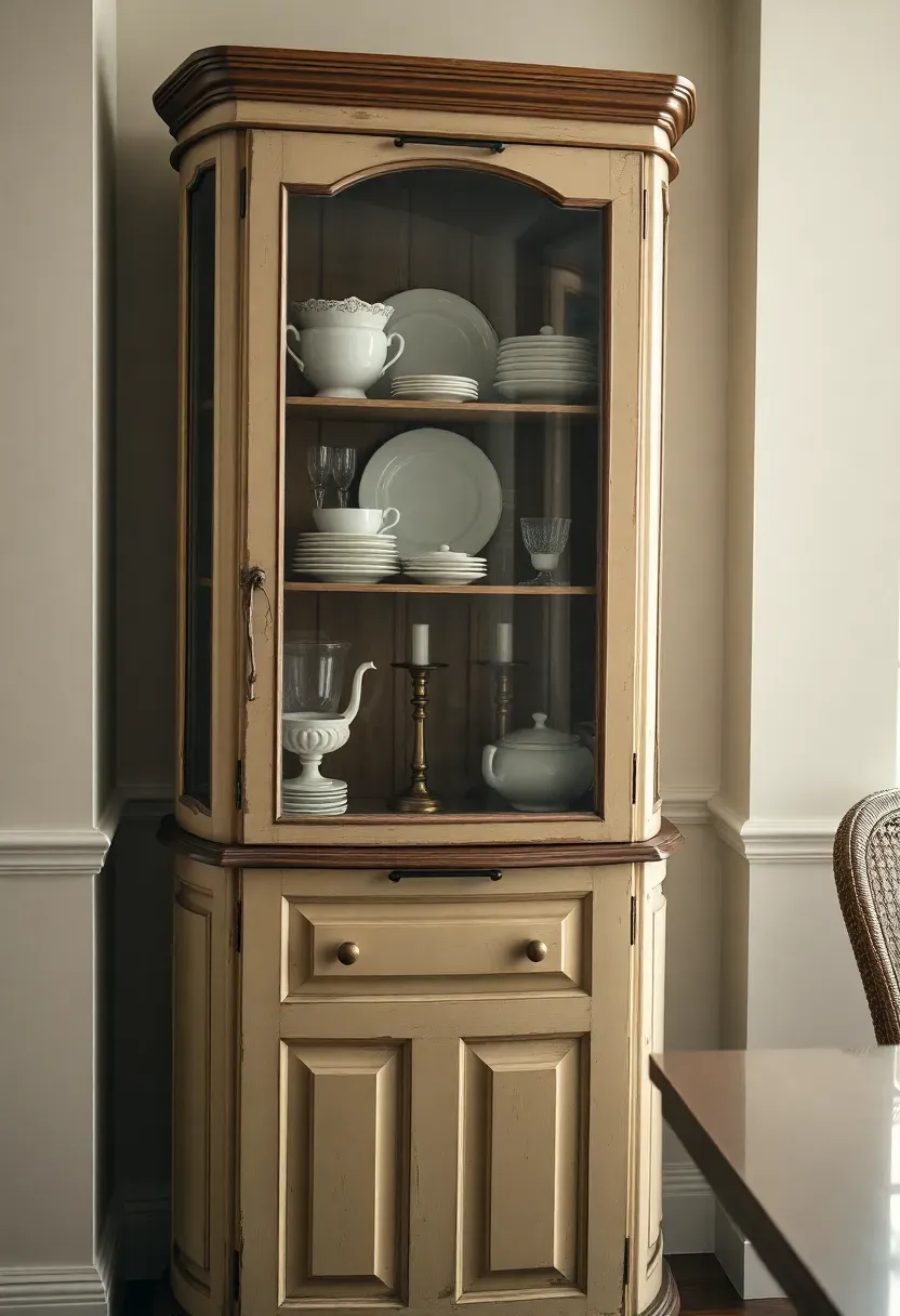 Tall French provincial glass-front hutch with distressed cream finish displaying stacked vintage china, crystal glasses, and small brass candlesticks