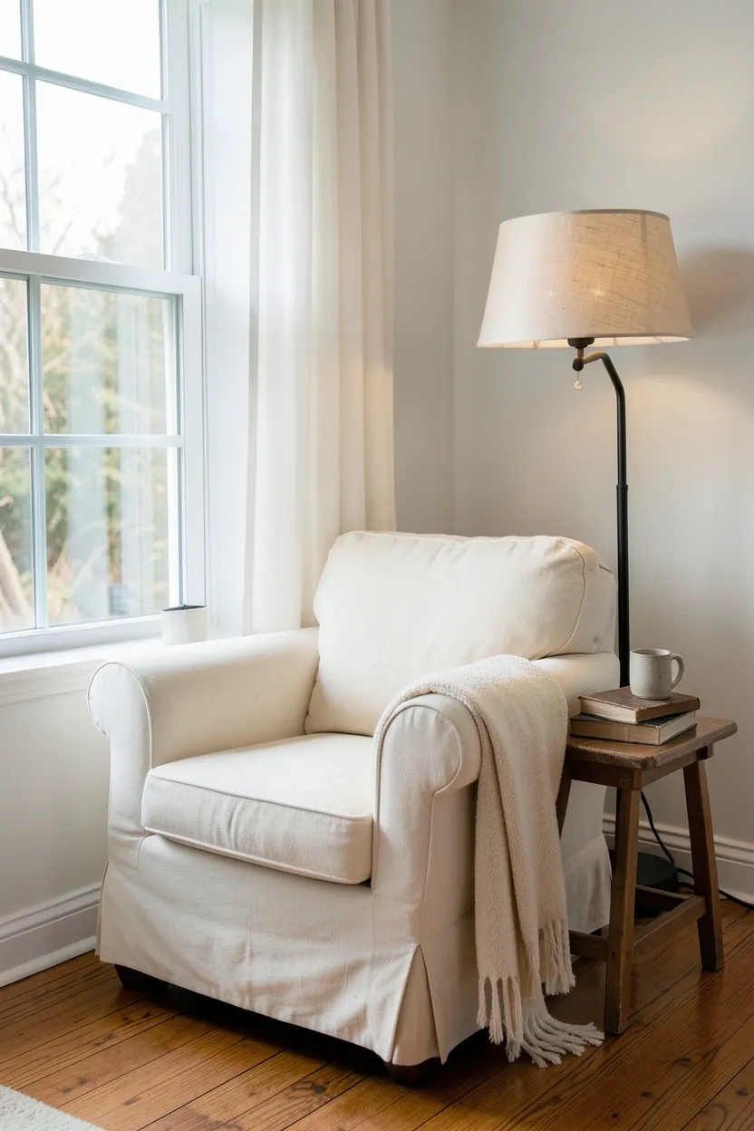 Cozy reading nook corner with a plush armchair, soft throw blanket, floor lamp, and stack of books in a farmhouse living room