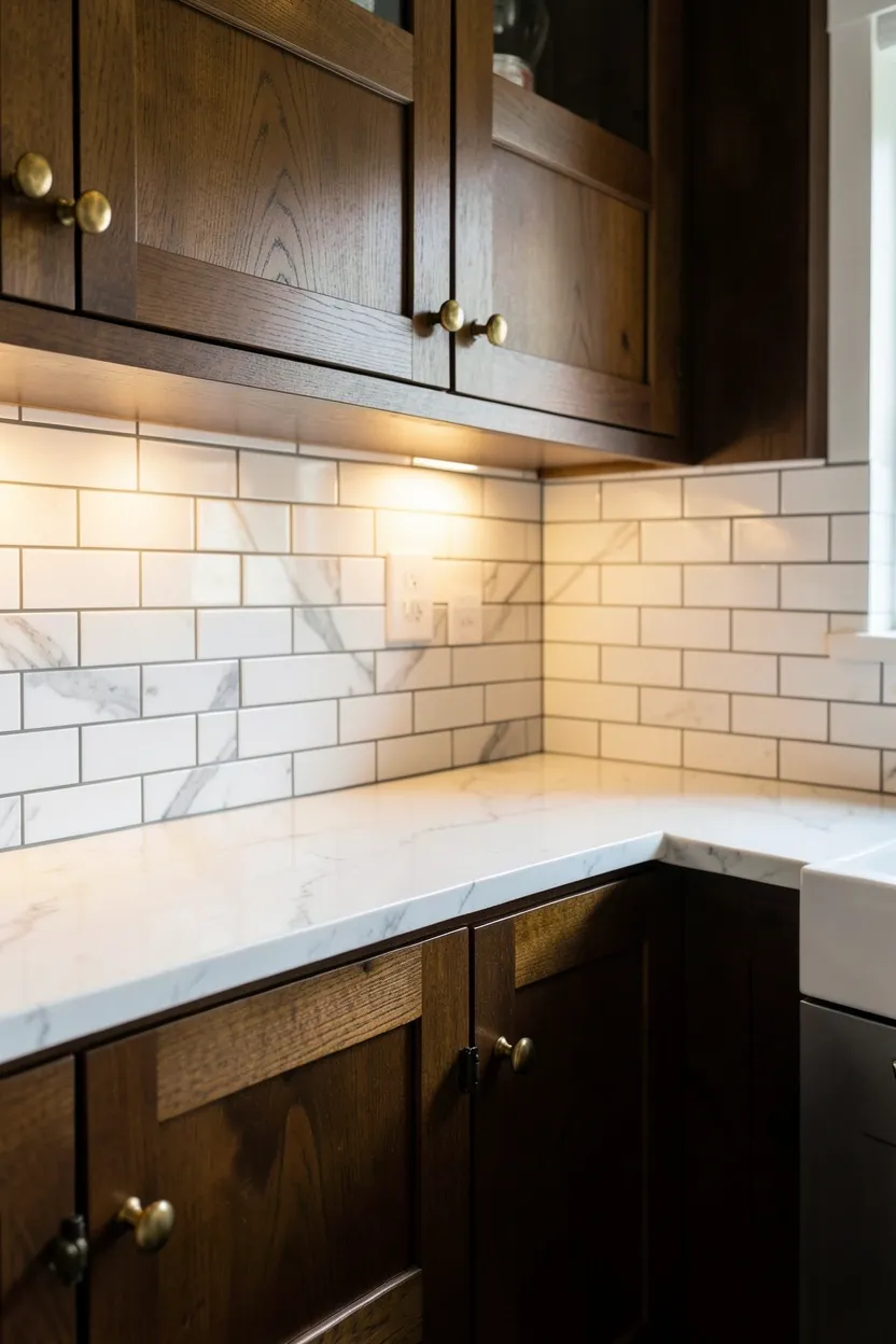 Dark Wood Shaker Cabinets with Brass Hardware
