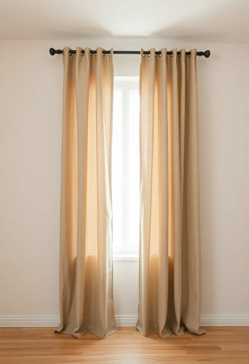 Floor-length curtains hung close to the ceiling with rod extended past window frame in a budget room
