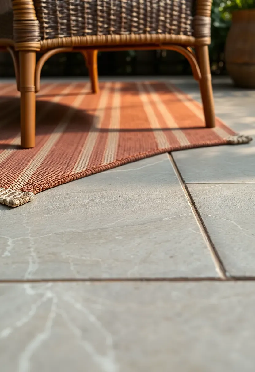 Backyard porch floor with natural stone tile in warm gray tones, partially covered by an outdoor rug