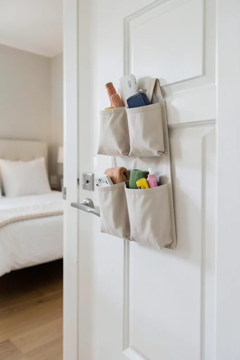Over-door fabric pocket organizer on a bedroom door in a rental apartment, storing shoes and small accessories with no drilling