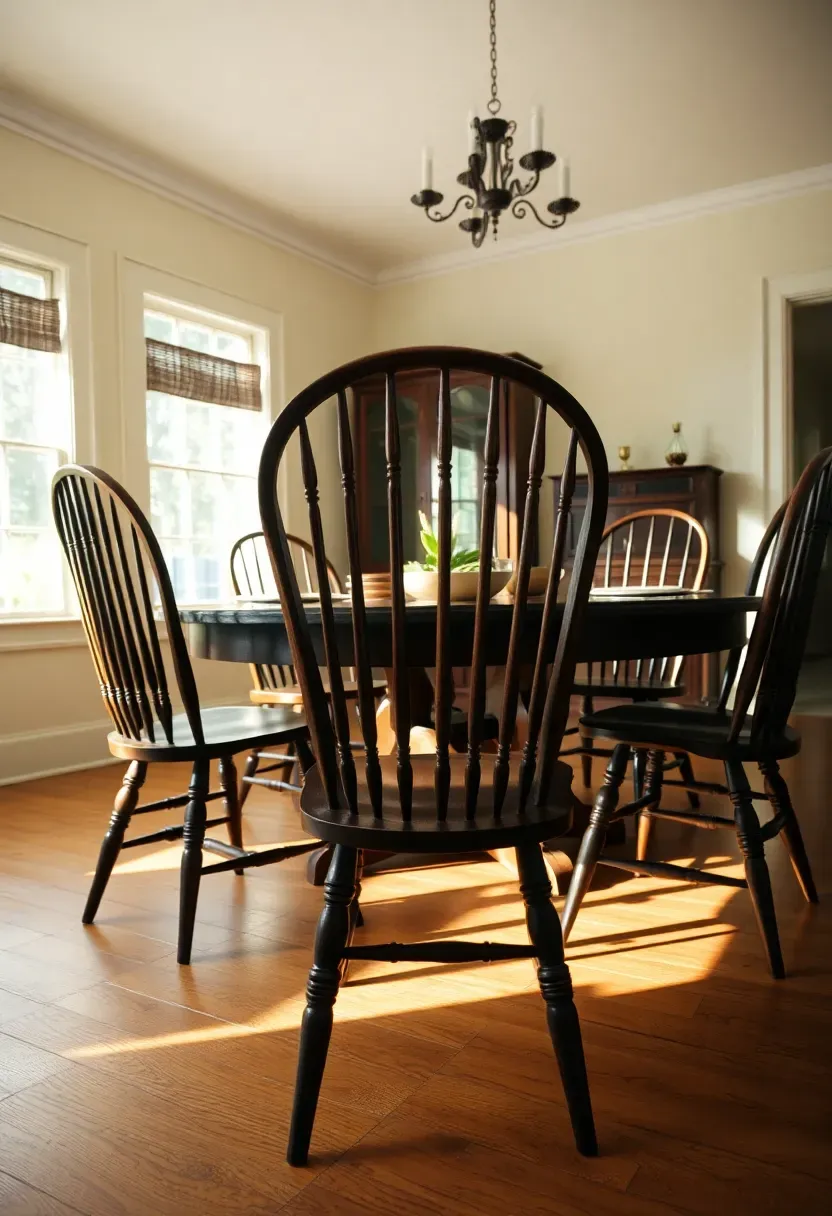 windsor chairs arranged around a dark cherry wood dining table in a colonial dining room