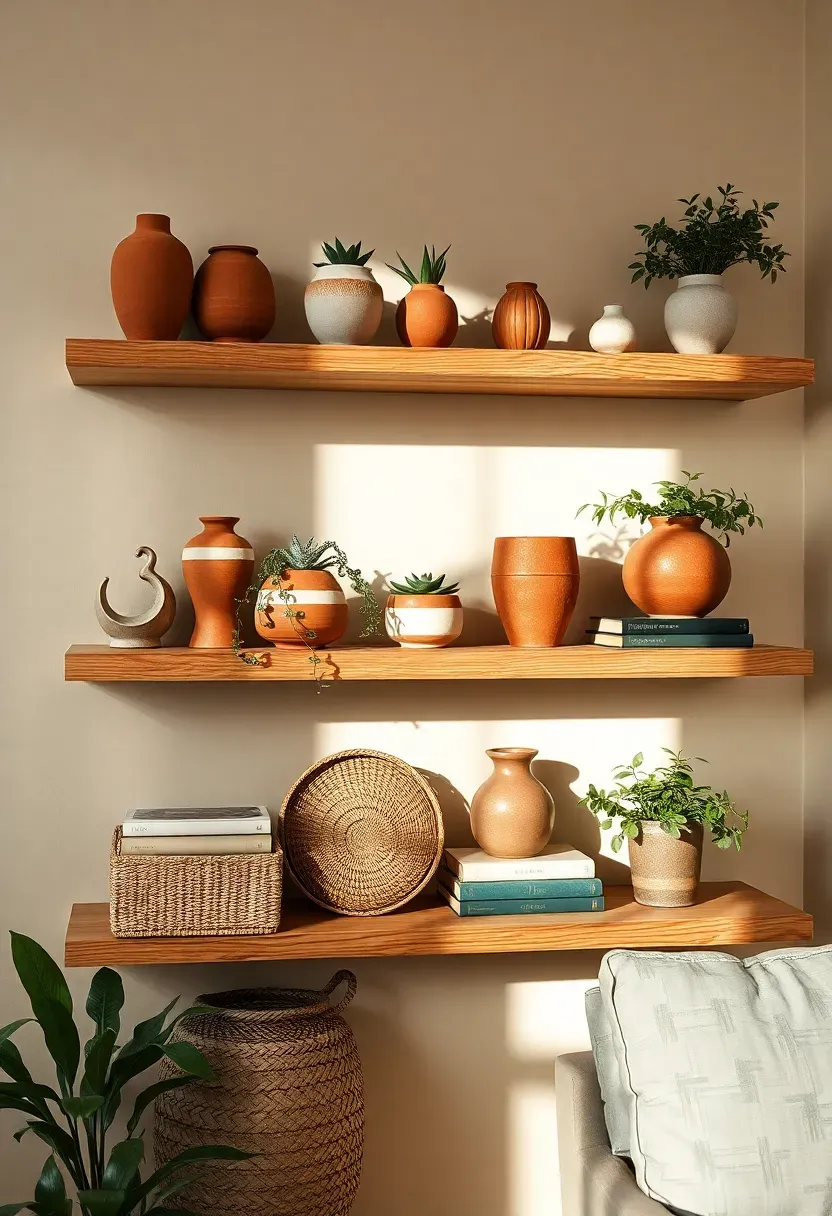 Hyper-realistic 3/4 view of earthy boho living room open shelving showing natural wood floating shelves displaying a curated collection—handmade ceramic vases in terracotta and cream, small potted plants including succulents and trailing vines, woven baskets, stacked books with neutral spines, and a few sculptural objects. Warm cream walls provide backdrop. Materials: light oak floating shelves with visible grain, handmade ceramics with visible artisan marks, terracotta pots, trailing plants, woven baskets, books, cream walls. Natural daylight creating shadows that emphasize shelf objects and their arrangement. Styling that's curated but still functional. Shallow depth of field showing shelving foreground with room context beyond. No text, no logos, no watermarks.</p>